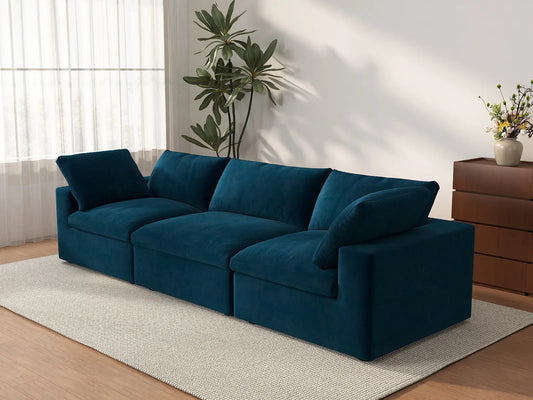 Deluxe Cloud 3-Seater Couch Sectional in Dark Blue Velvet | 3-Piece, Living Room Seating, Easy To Clean, Stylish Design