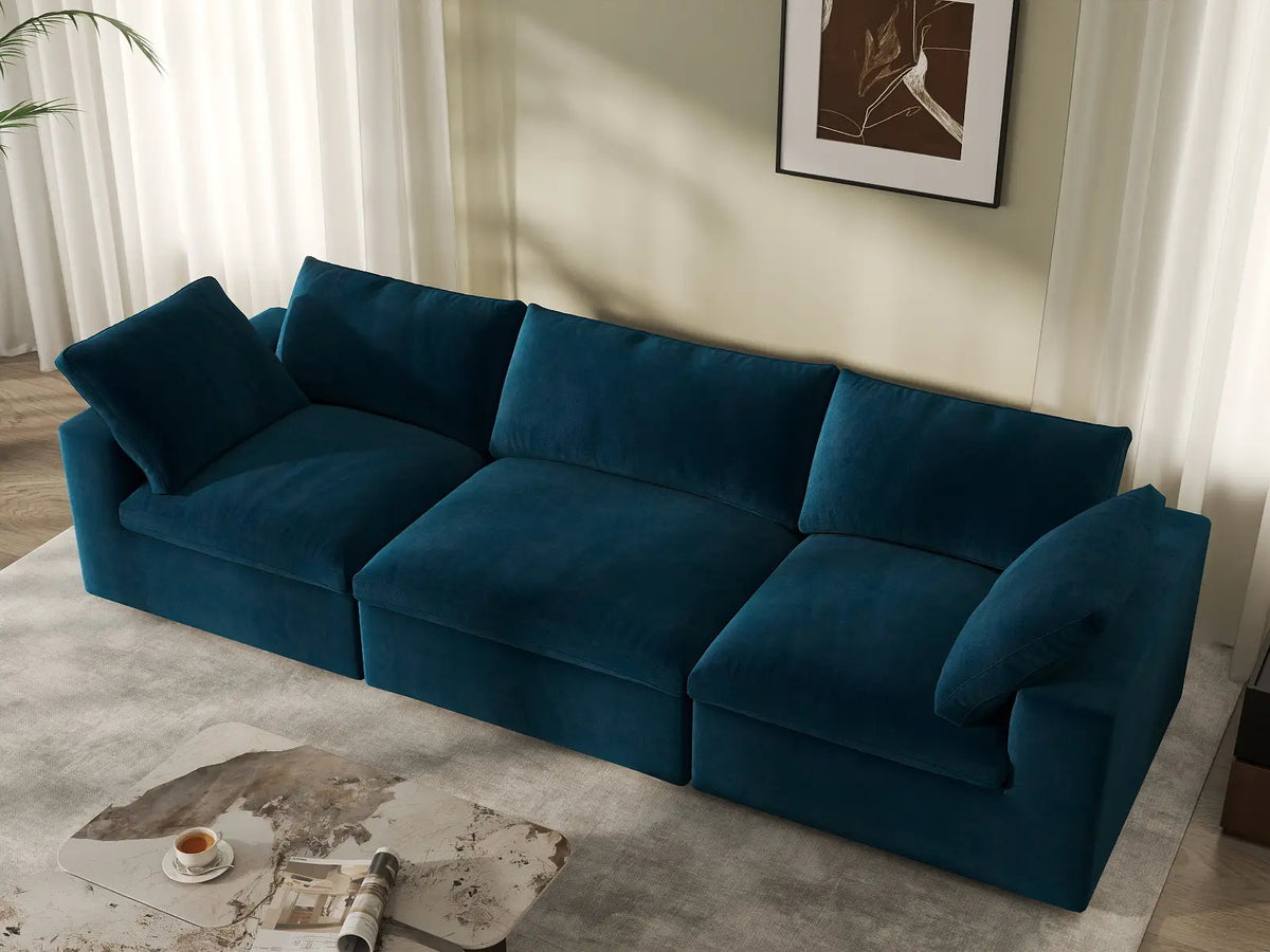 Deluxe Cloud 3-Seater Couch Sectional in Dark Blue Velvet | 3-Piece, Living Room Seating, Easy To Clean, Stylish Design