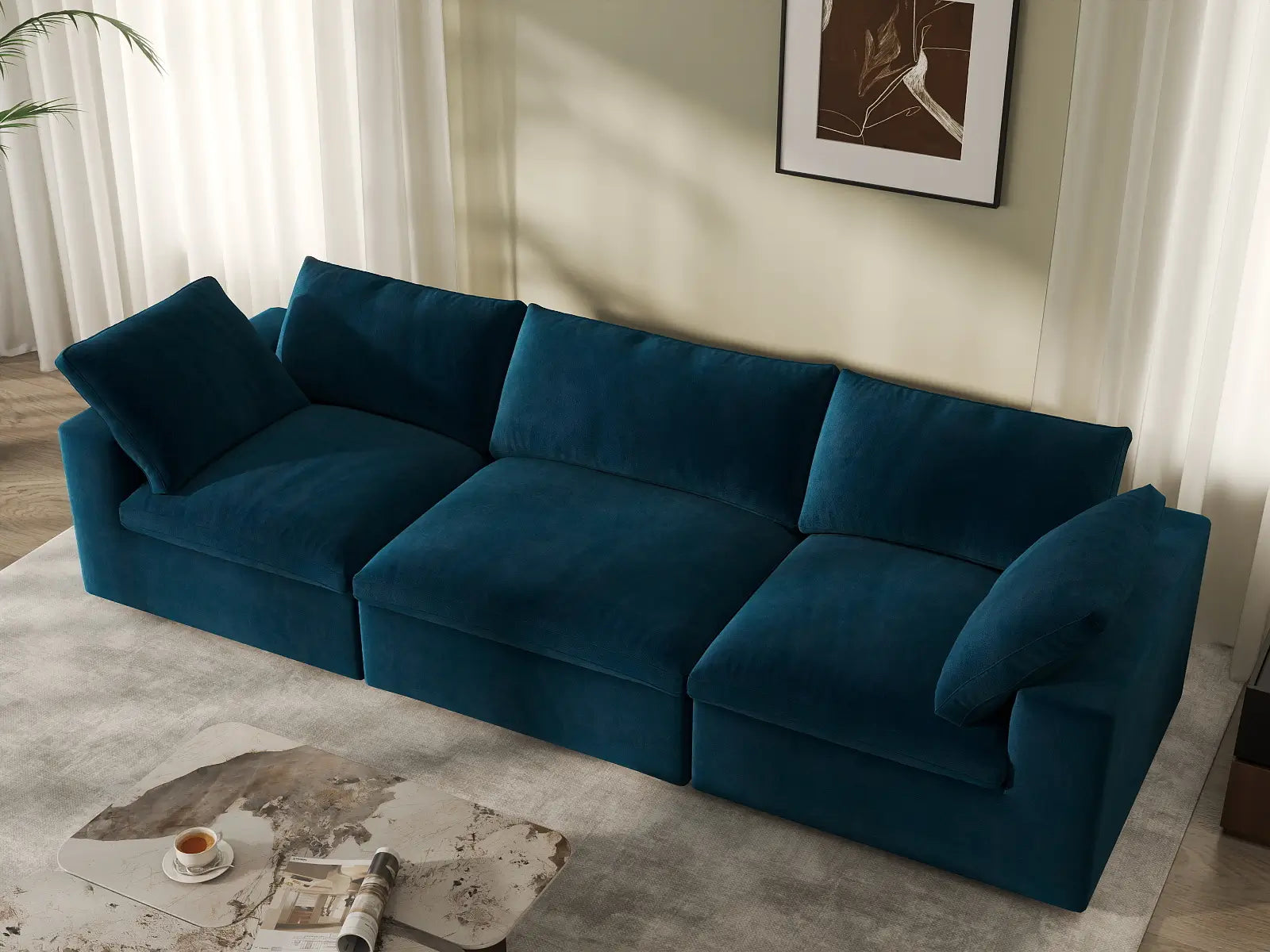 Deluxe Cloud 3-Seater Couch Sectional in Dark Blue Velvet | 3-Piece, Living Room Seating, Easy To Clean, Stylish Design