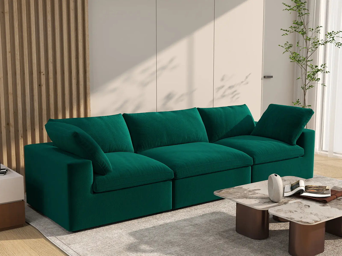 Deluxe Cloud 3-Seater Couch Sectional in Gem Green Velvet | 3-Piece, Living Room Seating, Easy To Clean, Modern Style