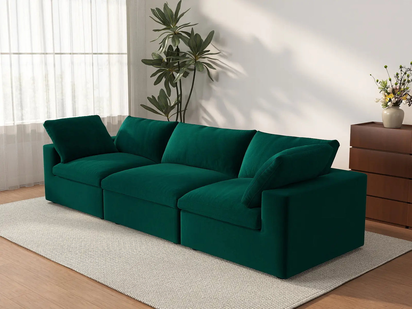 Deluxe Cloud 3-Seater Couch Sectional in Gem Green Velvet | 3-Piece, Living Room Seating, Easy To Clean, Modern Style