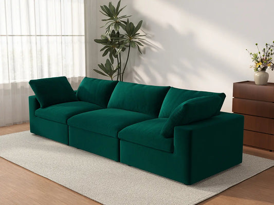 Deluxe Cloud 3-Seater Couch Sectional in Gem Green Velvet | 3-Piece, Living Room Seating, Easy To Clean, Modern Style