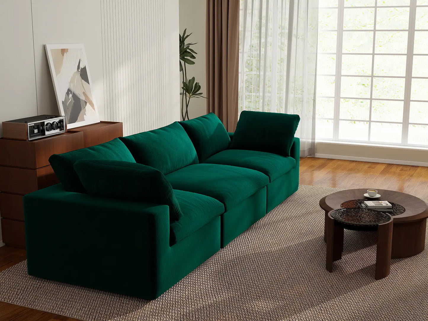 Deluxe Cloud 3-Seater Couch Sectional in Gem Green Velvet | 3-Piece, Living Room Seating, Easy To Clean, Modern Style
