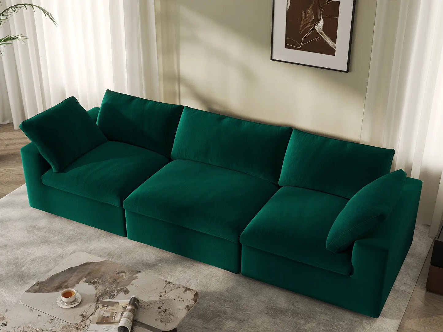 Deluxe Cloud 3-Seater Couch Sectional in Gem Green Velvet | 3-Piece, Living Room Seating, Easy To Clean, Modern Style