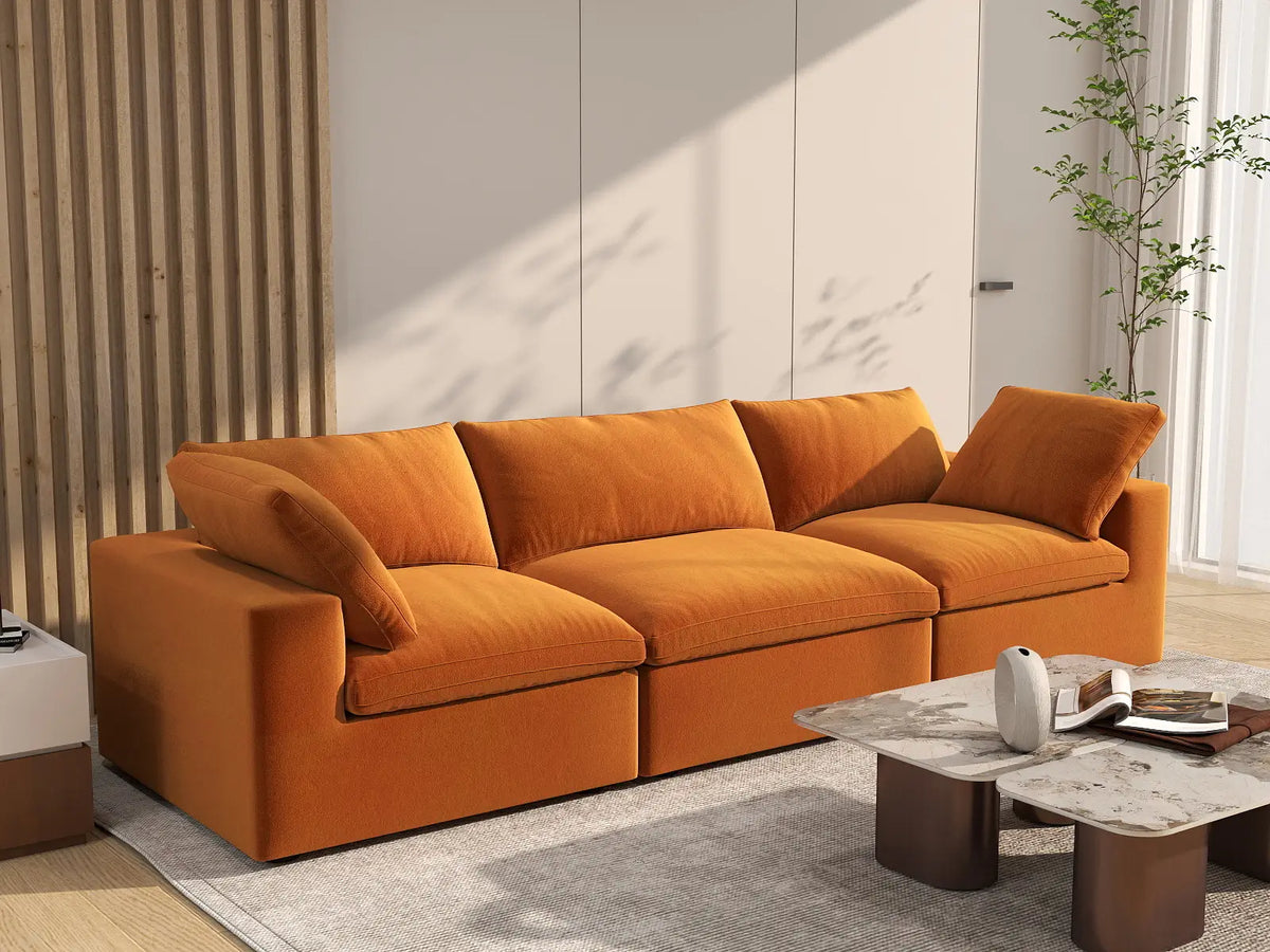 Deluxe Cloud 3-Seater Couch Sectional in Terracotta Velvet | 3-Piece, Living Room Seating, Easy To Clean, Contemporary Style