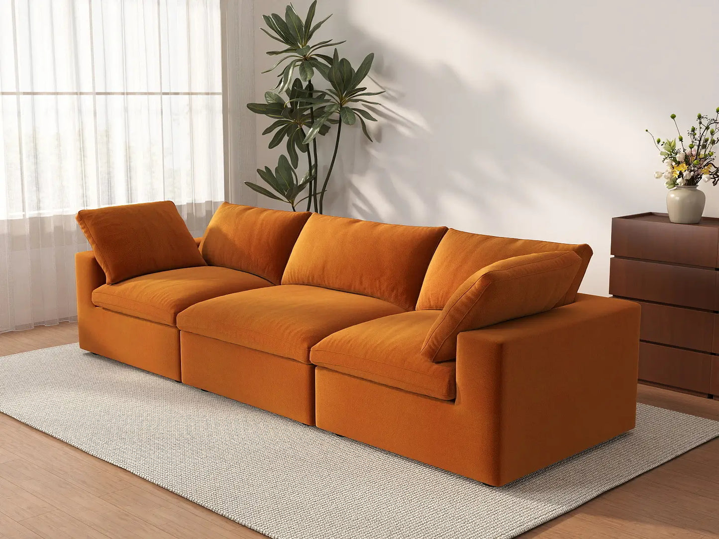 Deluxe Cloud 3-Seater Couch Sectional in Terracotta Velvet | 3-Piece, Living Room Seating, Easy To Clean, Contemporary Style