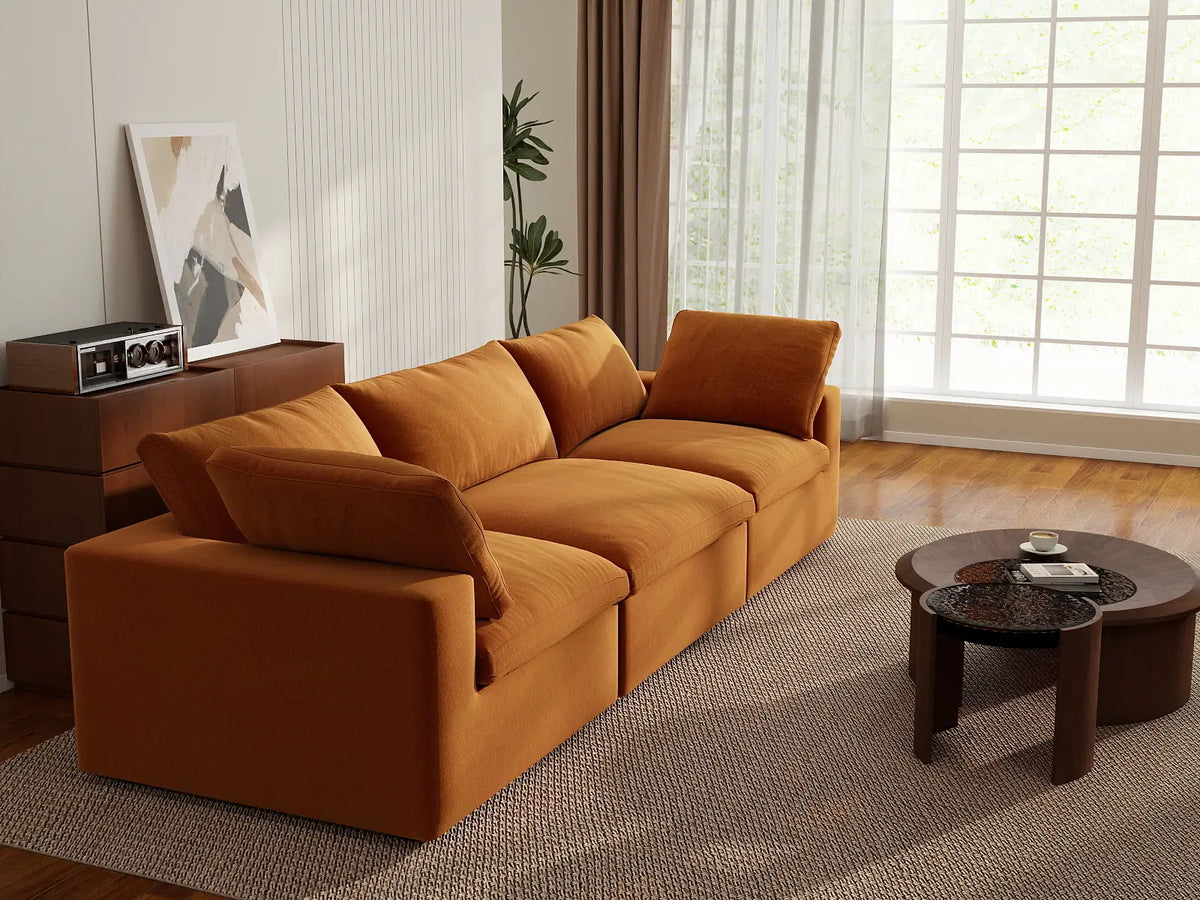 Deluxe Cloud 3-Seater Couch Sectional in Terracotta Velvet | 3-Piece, Living Room Seating, Easy To Clean, Contemporary Style