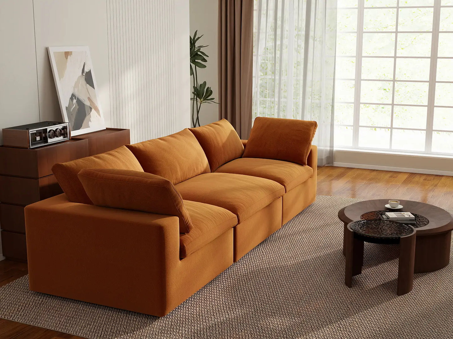 Deluxe Cloud 3-Seater Couch Sectional in Terracotta Velvet | 3-Piece, Living Room Seating, Easy To Clean, Contemporary Style