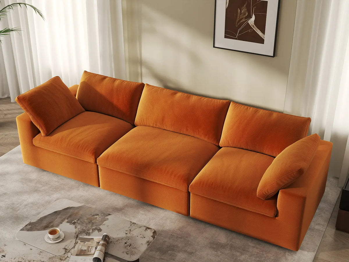 Deluxe Cloud 3-Seater Couch Sectional in Terracotta Velvet | 3-Piece, Living Room Seating, Easy To Clean, Contemporary Style