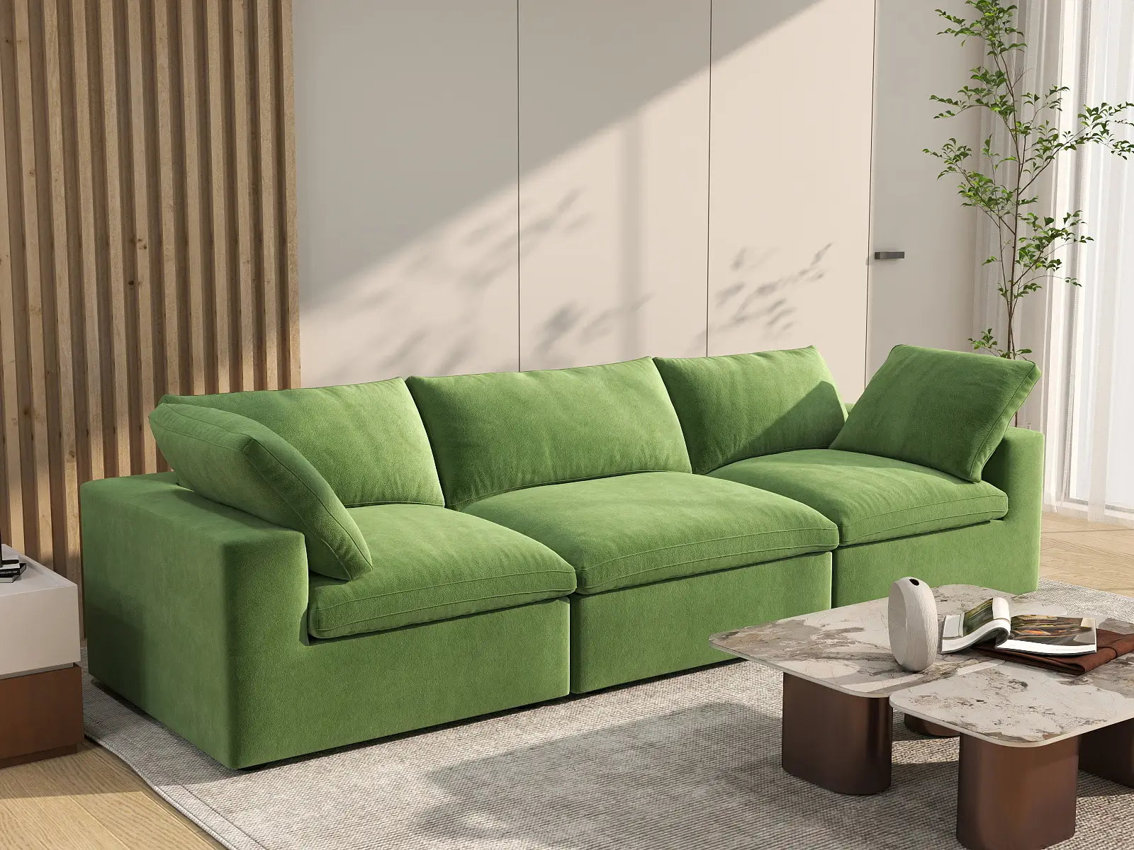Deluxe Cloud 3-Seater Earth Green Couch Sectional | 3-Piece, Velvet Fabric, Living Room Seating, Washable Cushion Covers