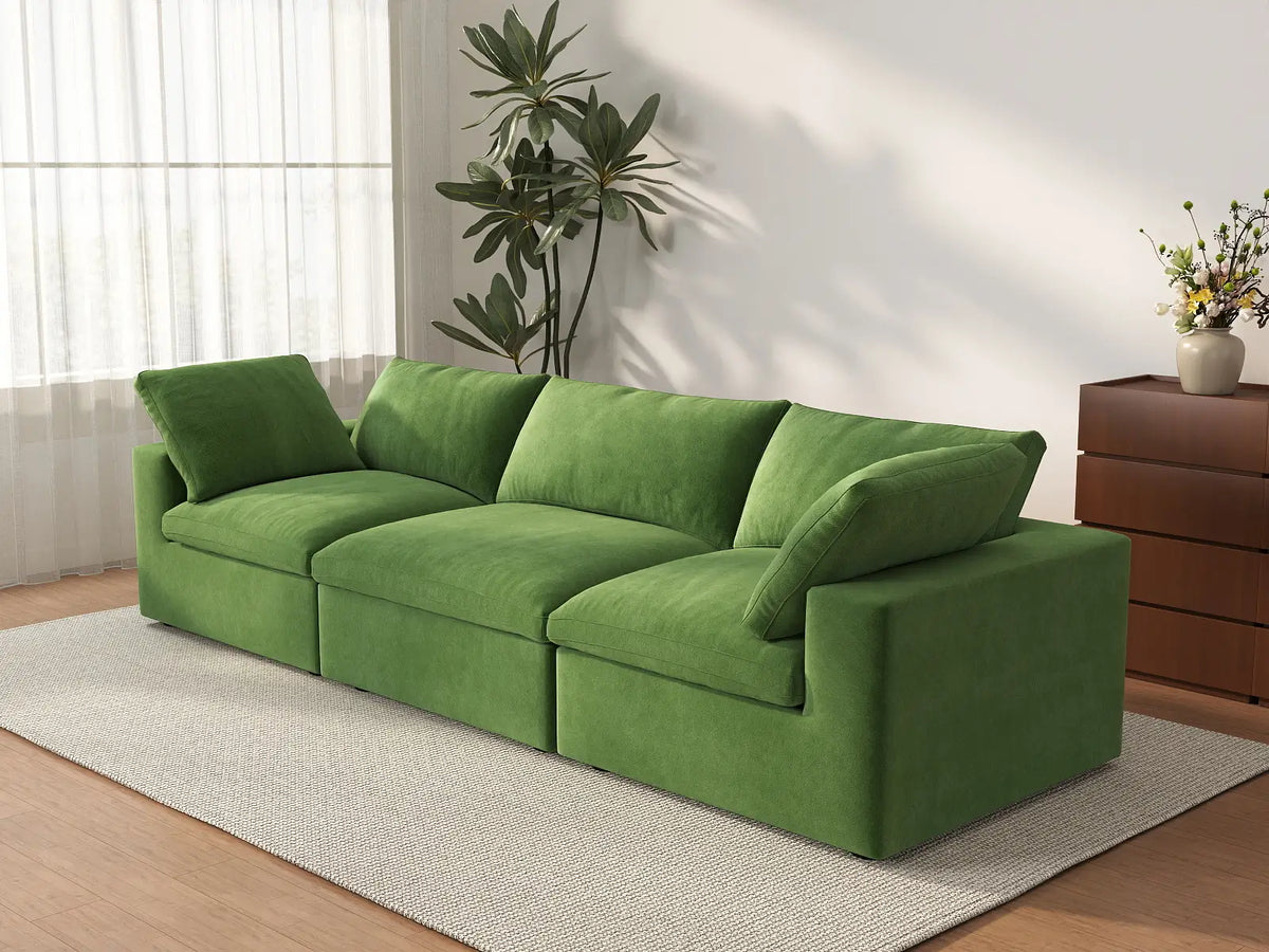 Deluxe Cloud 3-Seater Earth Green Couch Sectional | 3-Piece, Velvet Fabric, Living Room Seating, Washable Cushion Covers