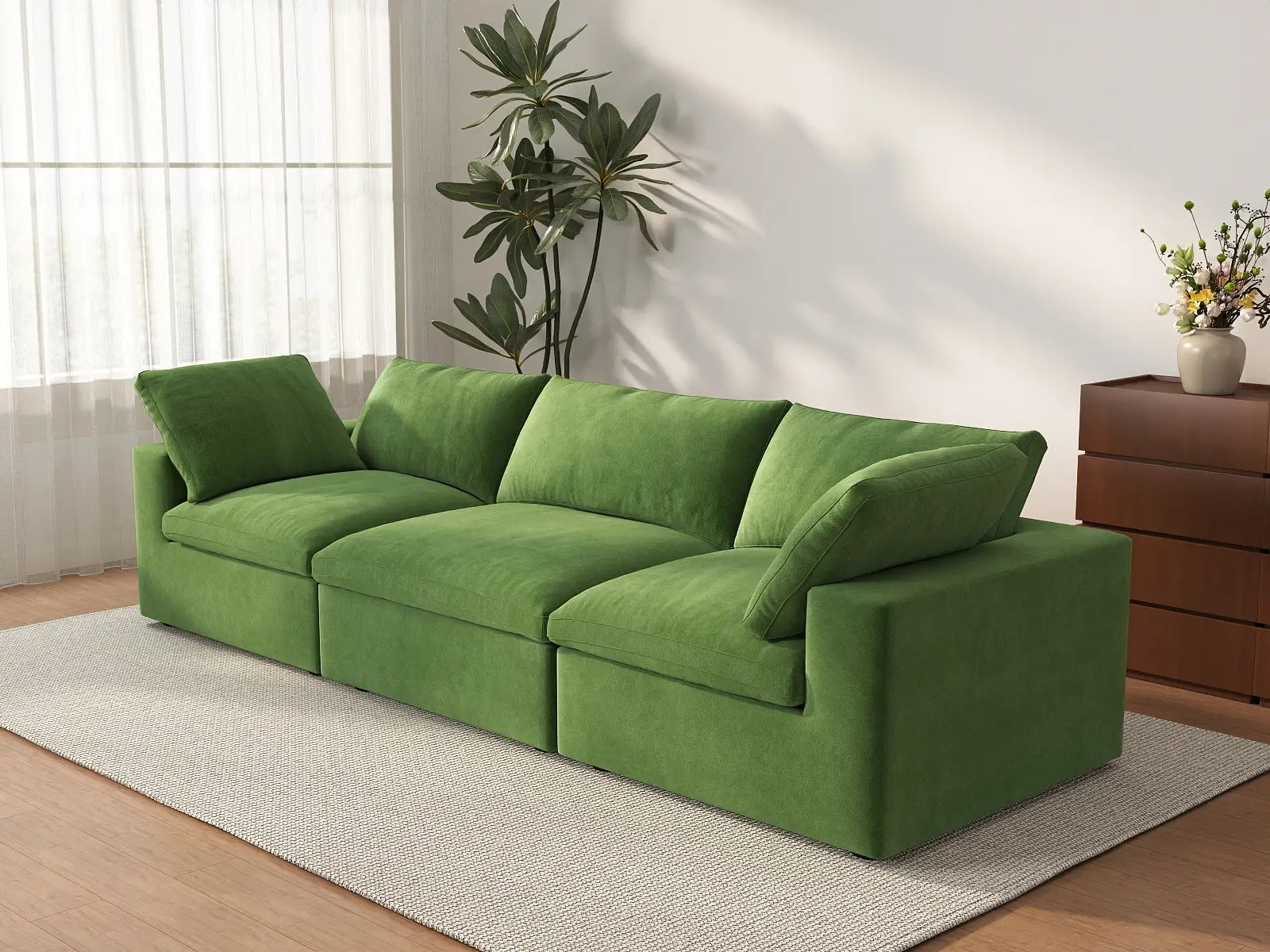 Deluxe Cloud 3-Seater Earth Green Couch Sectional | 3-Piece, Velvet Fabric, Living Room Seating, Washable Cushion Covers
