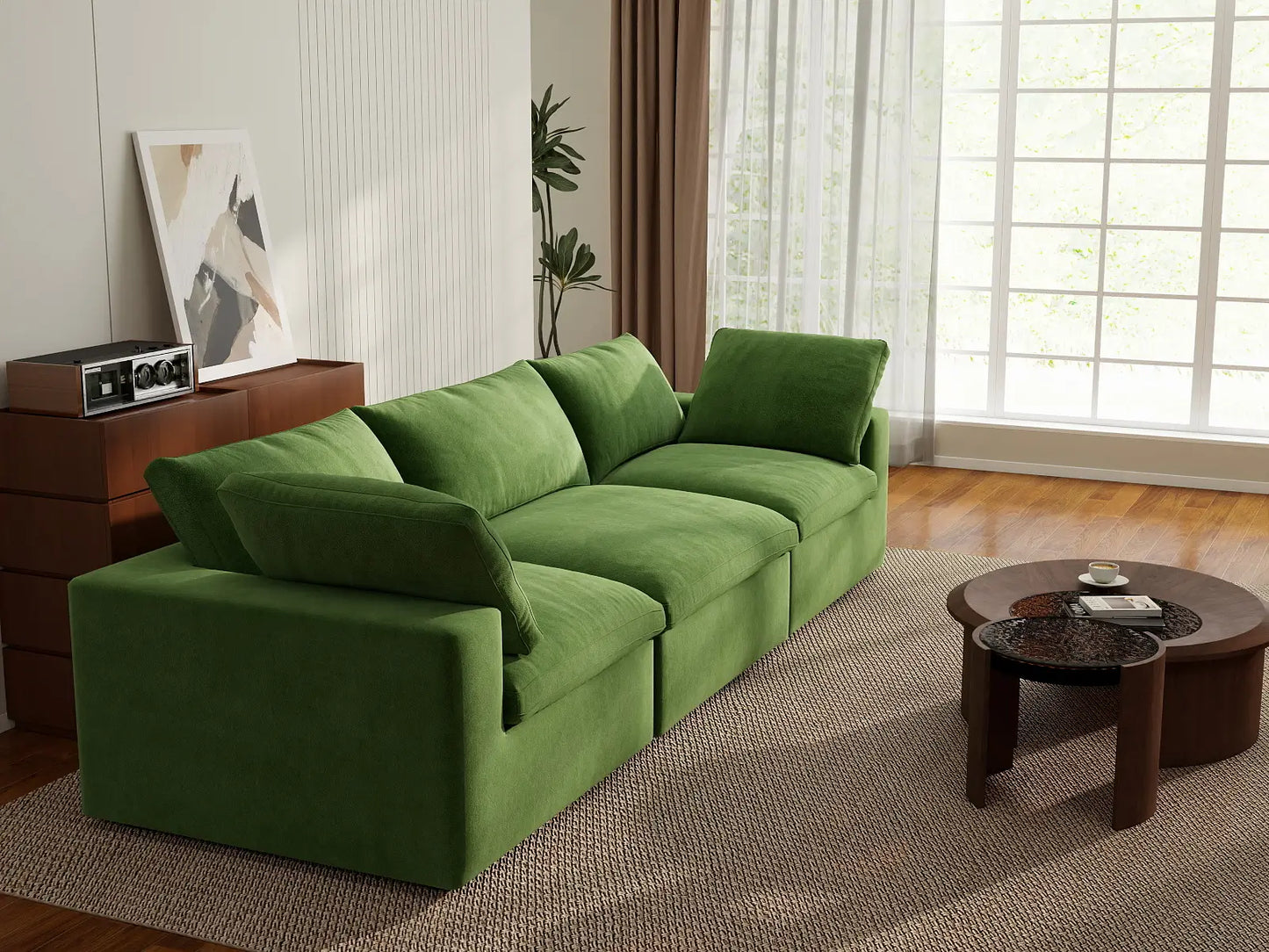 Deluxe Cloud 3-Seater Earth Green Couch Sectional | 3-Piece, Velvet Fabric, Living Room Seating, Washable Cushion Covers