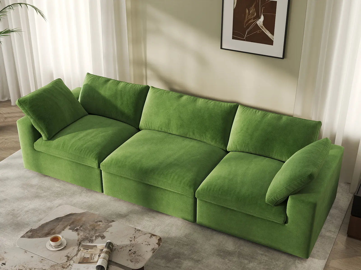Deluxe Cloud 3-Seater Earth Green Couch Sectional | 3-Piece, Velvet Fabric, Living Room Seating, Washable Cushion Covers