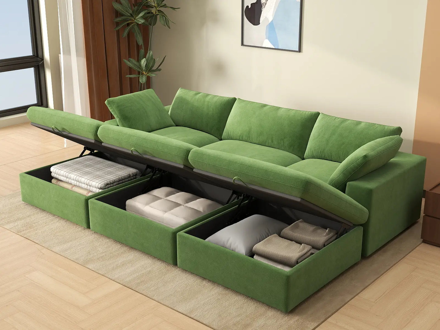 Deluxe Cloud 3-Seater Earth Green Pit Sectional | 6-Piece (Includes 3 Ottomans), Velvet Fabric, Family Room Seating, Washable Cushion Covers
