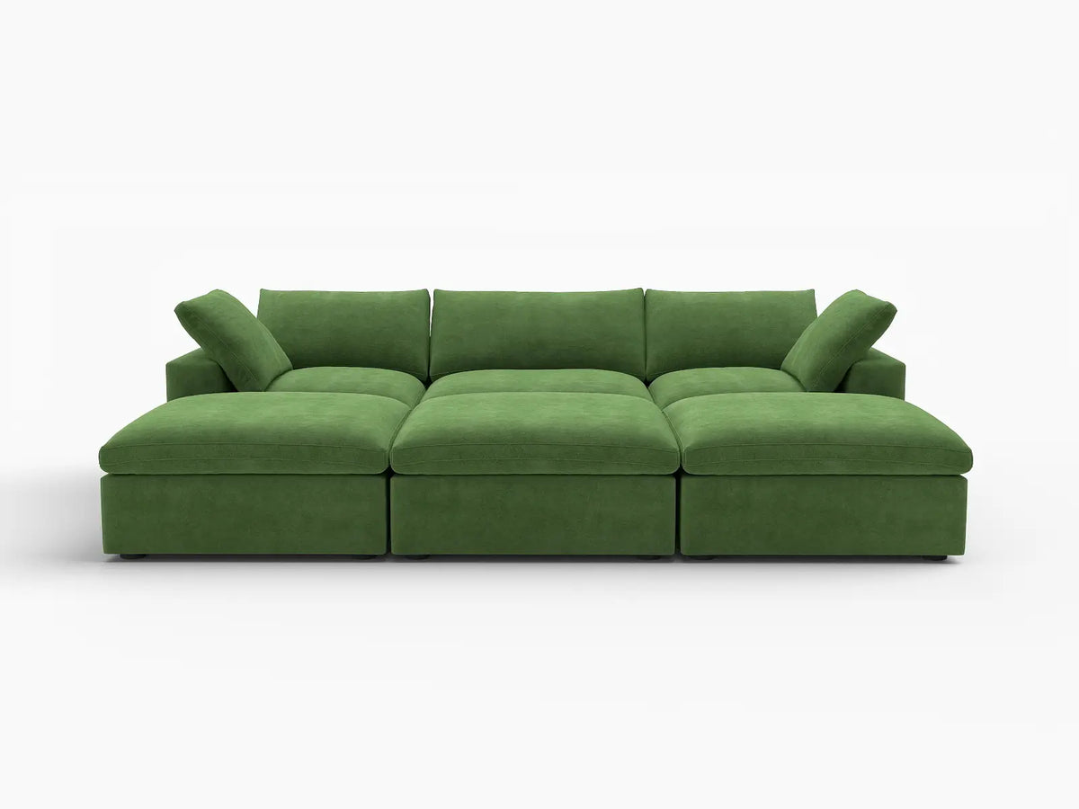 Deluxe Cloud 3-Seater Earth Green Pit Sectional | 6-Piece (Includes 3 Ottomans), Velvet Fabric, Family Room Seating, Washable Cushion Covers