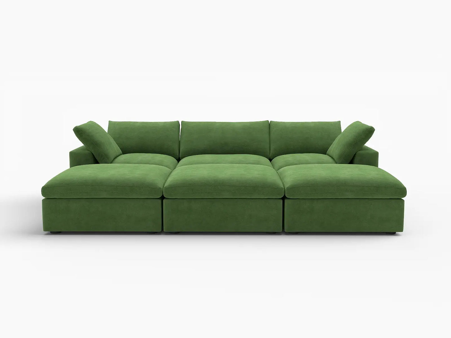 Deluxe Cloud 3-Seater Earth Green Pit Sectional | 6-Piece (Includes 3 Ottomans), Velvet Fabric, Family Room Seating, Washable Cushion Covers