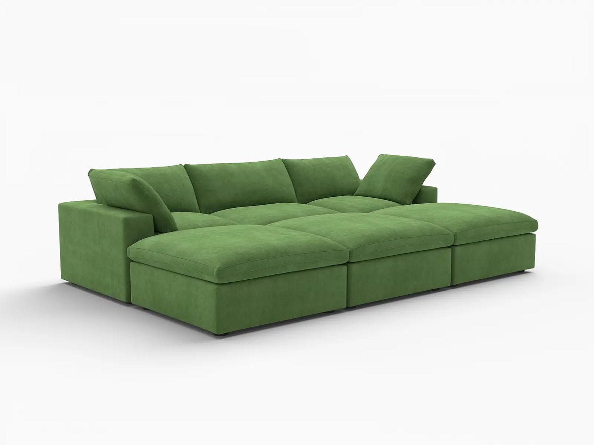 Deluxe Cloud 3-Seater Earth Green Pit Sectional | 6-Piece (Includes 3 Ottomans), Velvet Fabric, Family Room Seating, Washable Cushion Covers