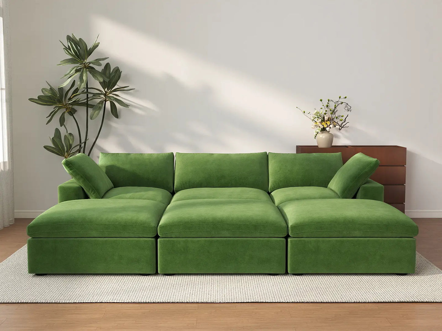 Deluxe Cloud 3-Seater Earth Green Pit Sectional | 6-Piece (Includes 3 Ottomans), Velvet Fabric, Family Room Seating, Washable Cushion Covers