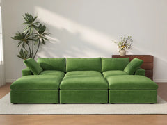 Deluxe Cloud 3-Seater Earth Green Pit Sectional | 6-Piece (Includes 3 Ottomans), Velvet Fabric, Family Room Seating, Washable Cushion Covers