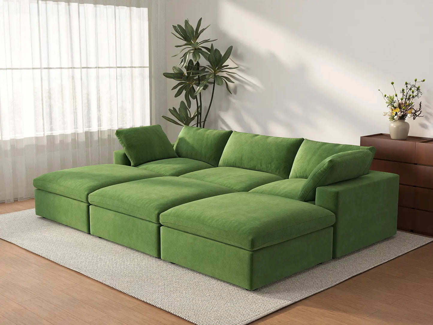 Deluxe Cloud 3-Seater Earth Green Pit Sectional | 6-Piece (Includes 3 Ottomans), Velvet Fabric, Family Room Seating, Washable Cushion Covers