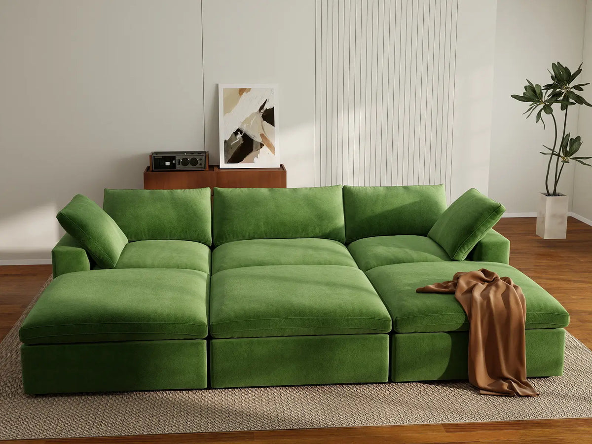 Deluxe Cloud 3-Seater Earth Green Pit Sectional | 6-Piece (Includes 3 Ottomans), Velvet Fabric, Family Room Seating, Washable Cushion Covers