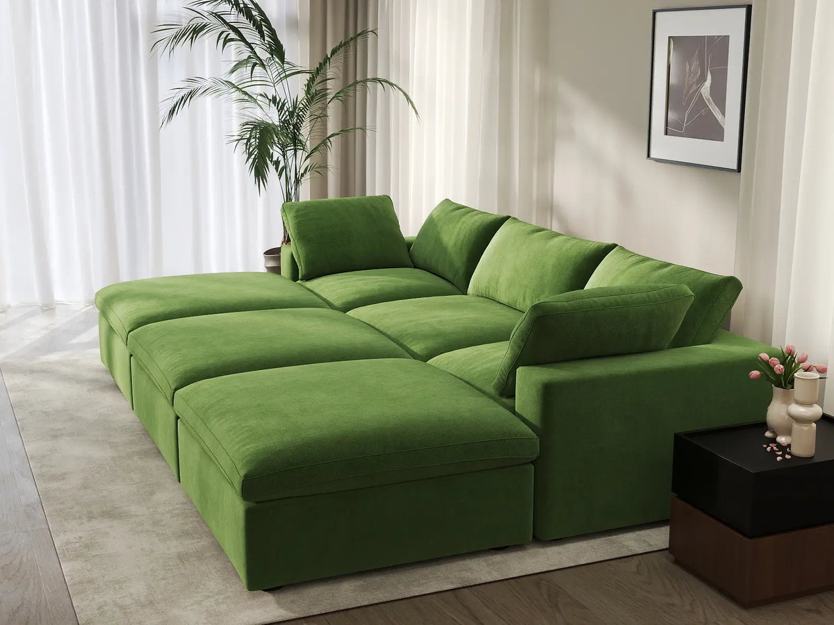 Deluxe Cloud 3-Seater Earth Green Pit Sectional | 6-Piece (Includes 3 Ottomans), Velvet Fabric, Family Room Seating, Washable Cushion Covers