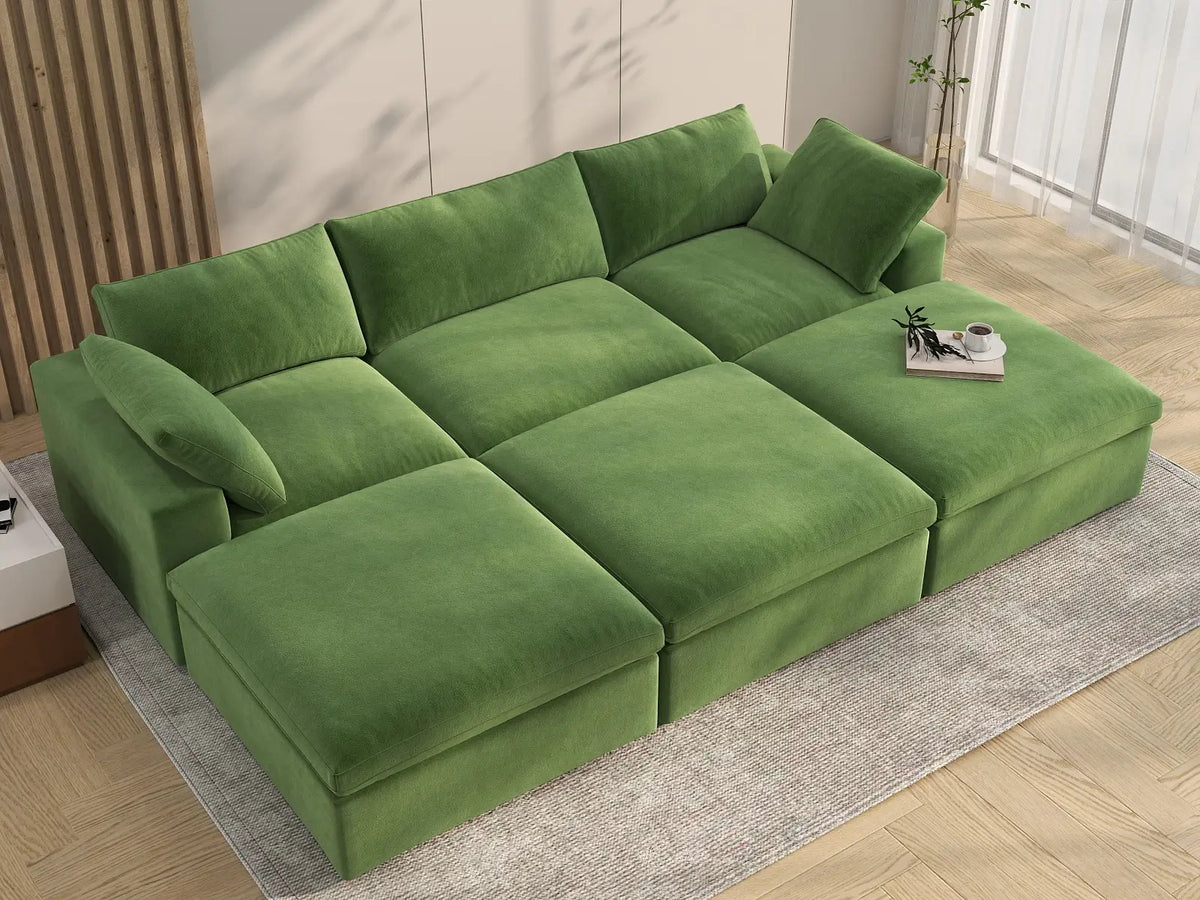 Deluxe Cloud 3-Seater Earth Green Pit Sectional | 6-Piece (Includes 3 Ottomans), Velvet Fabric, Family Room Seating, Washable Cushion Covers