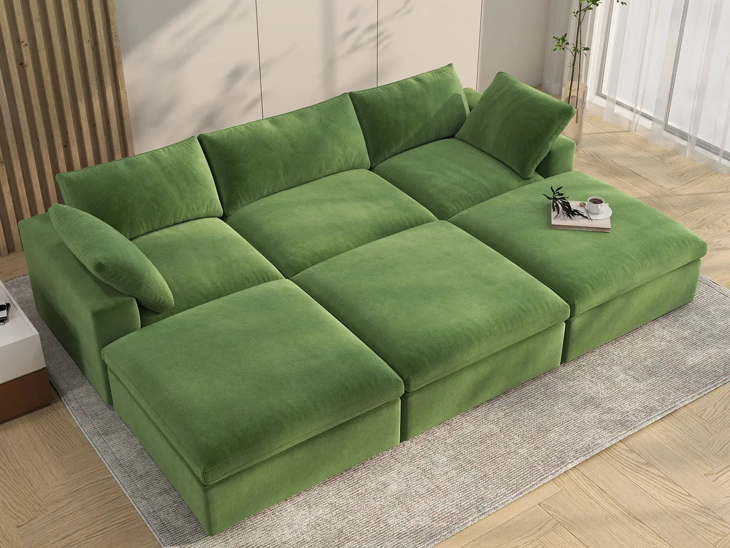 Deluxe Cloud 3-Seater Earth Green Pit Sectional | 6-Piece (Includes 3 Ottomans), Velvet Fabric, Family Room Seating, Washable Cushion Covers
