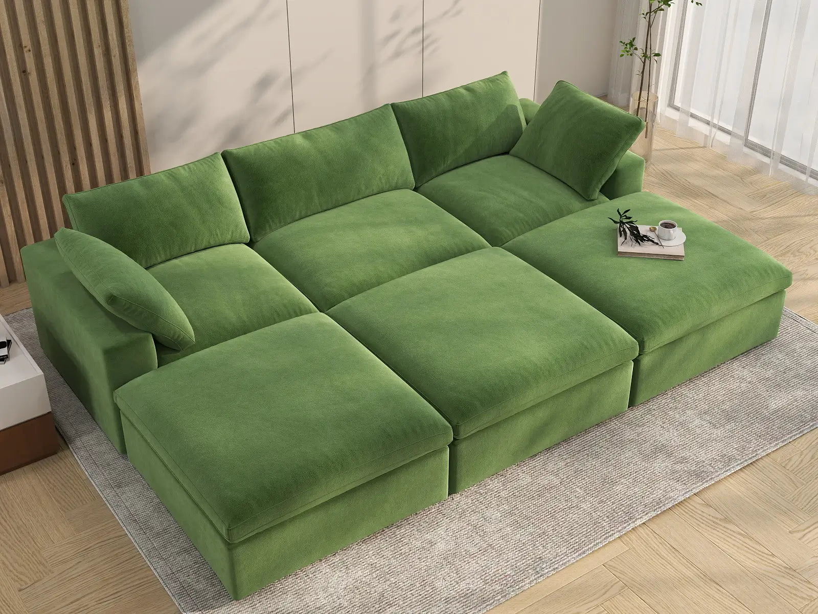 Deluxe Cloud 3-Seater Earth Green Pit Sectional | 6-Piece (Includes 3 Ottomans), Velvet Fabric, Family Room Seating, Washable Cushion Covers
