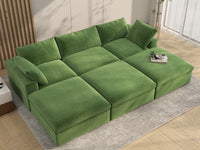 Deluxe Cloud 3-Seater Earth Green Pit Sectional | 6-Piece (Includes 3 Ottomans), Velvet Fabric, Family Room Seating, Washable Cushion Covers