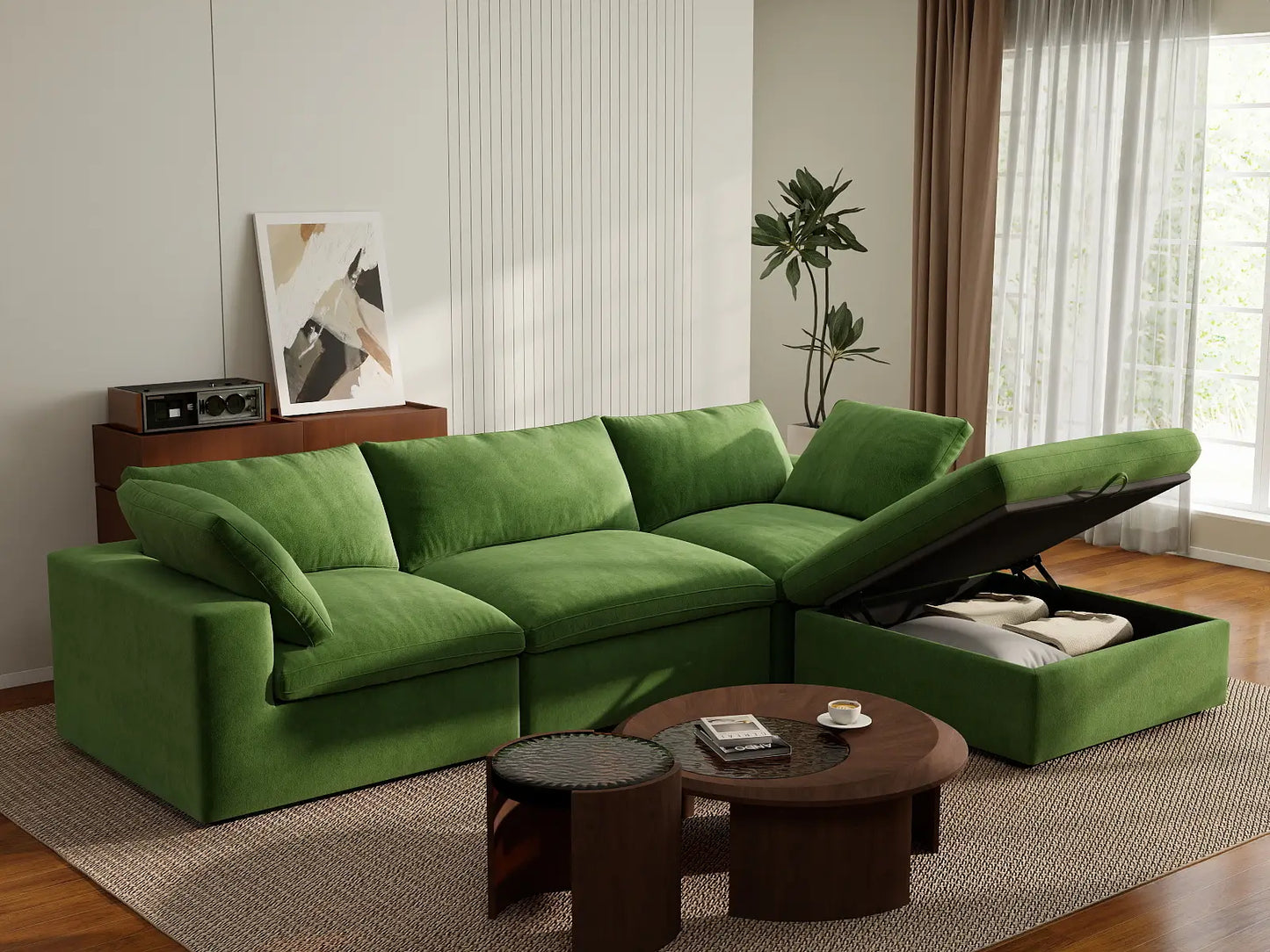 Deluxe Cloud 3-Seater Earth Green Sofa Set | 4-Piece (Includes 1 Ottoman), Velvet Fabric, Washable Cushion Covers