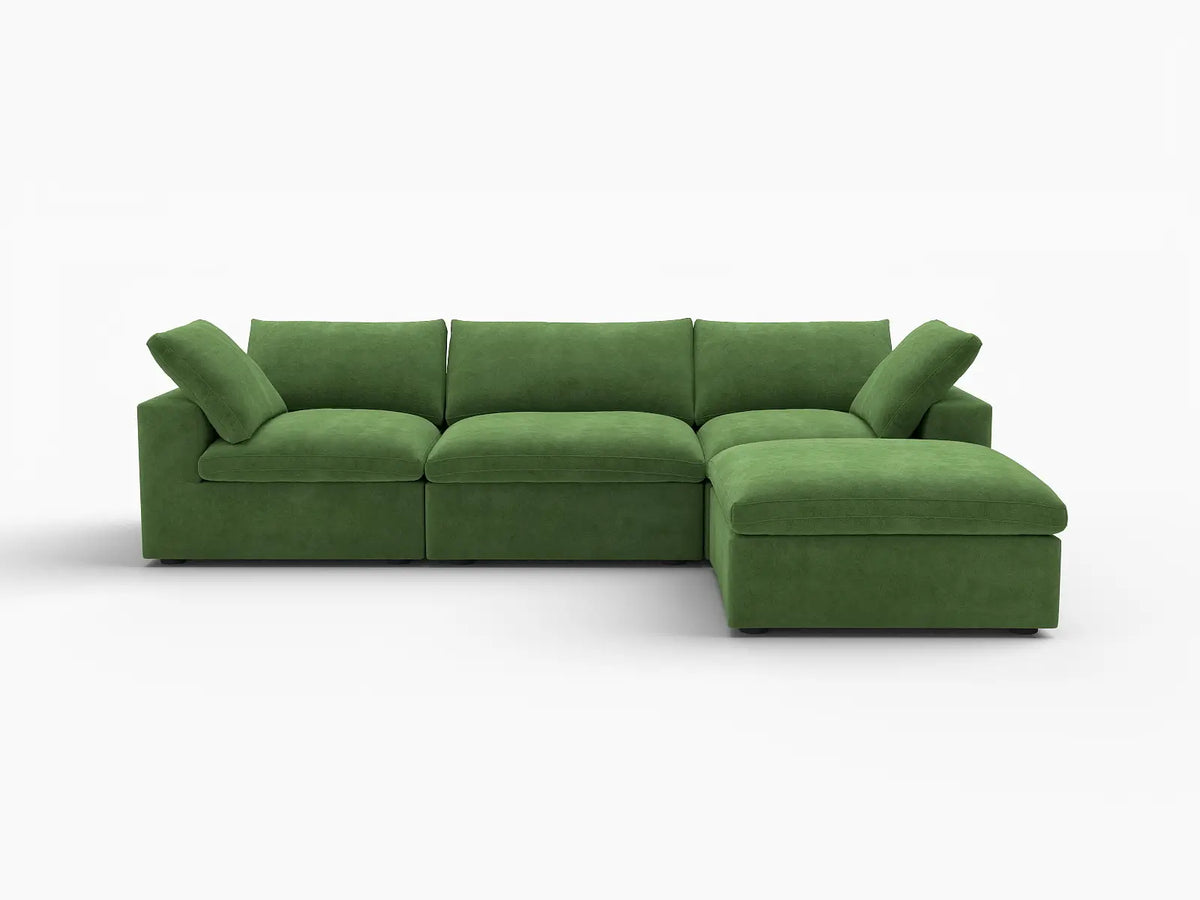 Deluxe Cloud 3-Seater Earth Green Sofa Set | 4-Piece (Includes 1 Ottoman), Velvet Fabric, Washable Cushion Covers
