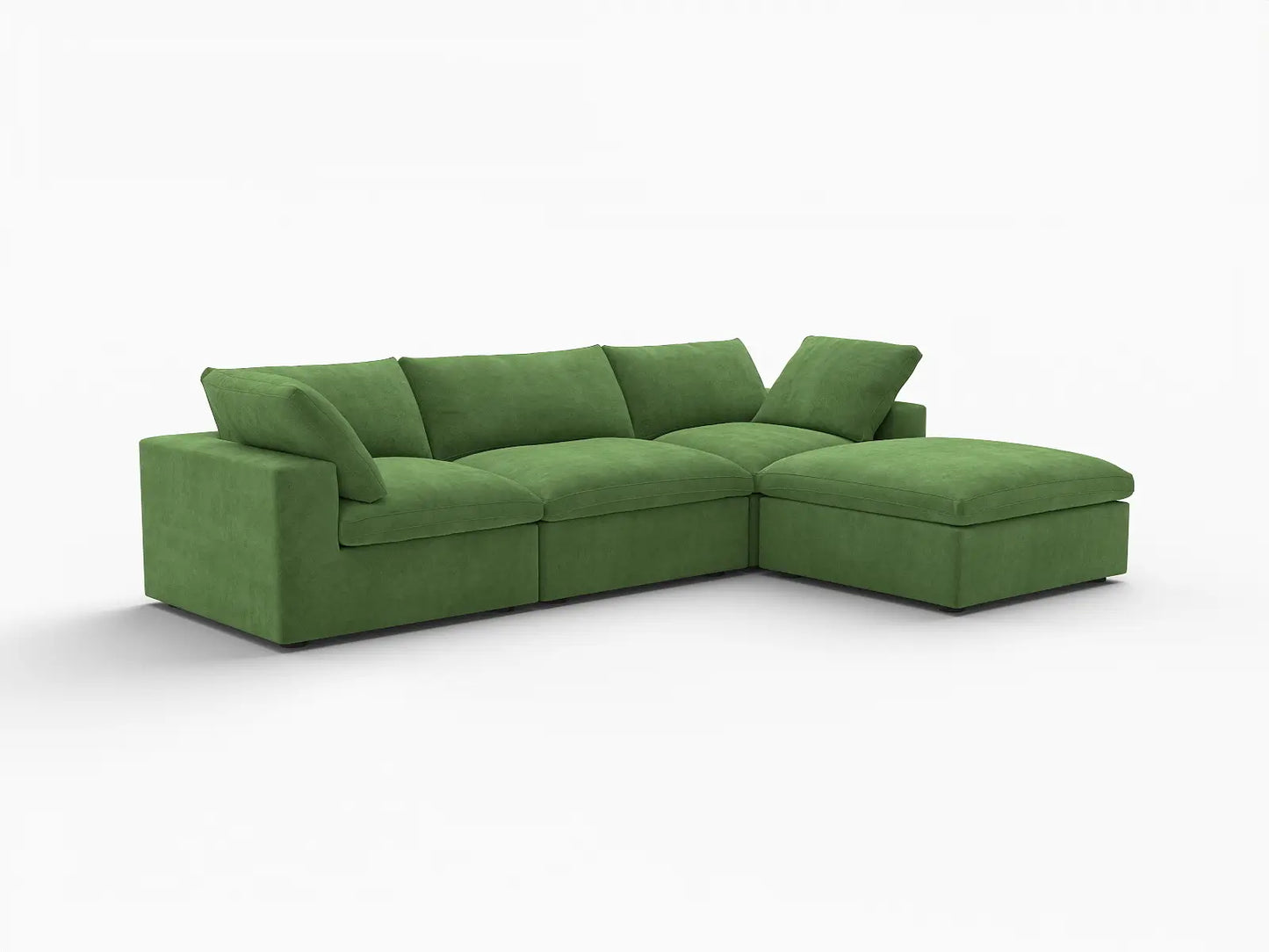 Deluxe Cloud 3-Seater Earth Green Sofa Set | 4-Piece (Includes 1 Ottoman), Velvet Fabric, Washable Cushion Covers