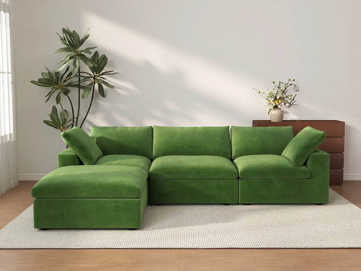 Deluxe Cloud 3-Seater Earth Green Sofa Set | 4-Piece (Includes 1 Ottoman), Velvet Fabric, Washable Cushion Covers