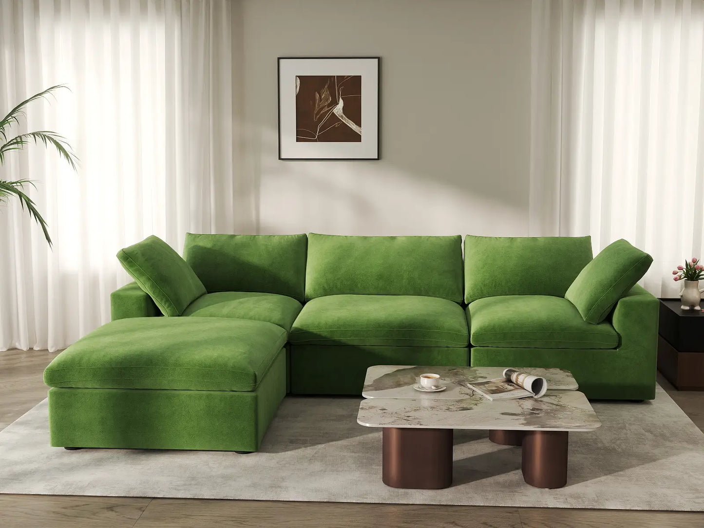 Deluxe Cloud 3-Seater Earth Green Sofa Set | 4-Piece (Includes 1 Ottoman), Velvet Fabric, Washable Cushion Covers