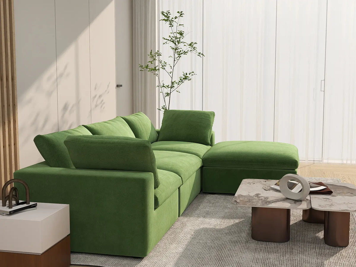 Deluxe Cloud 3-Seater Earth Green Sofa Set | 4-Piece (Includes 1 Ottoman), Velvet Fabric, Washable Cushion Covers