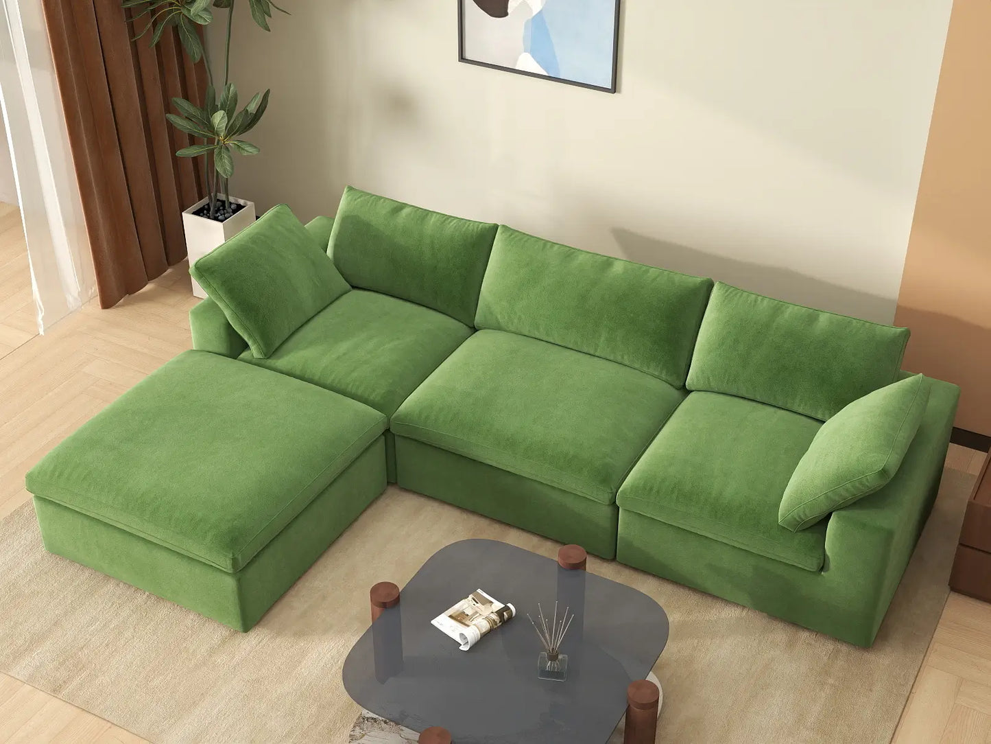 Deluxe Cloud 3-Seater Earth Green Sofa Set | 4-Piece (Includes 1 Ottoman), Velvet Fabric, Washable Cushion Covers
