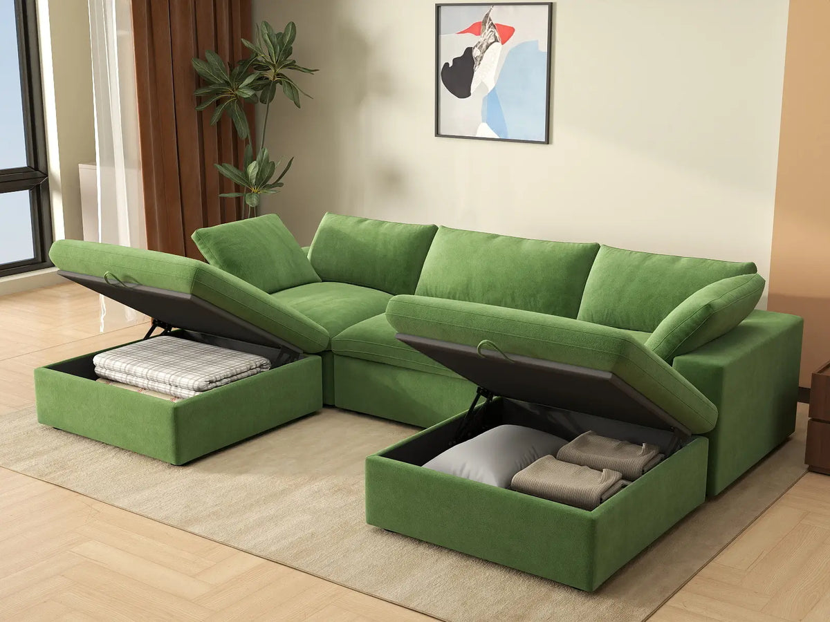 Deluxe Cloud 3-Seater Earth Green U-Shaped Sectional | 5-Piece (Includes 2 Ottomans), Velvet Fabric, Family Room Seating, Washable Cushion Covers