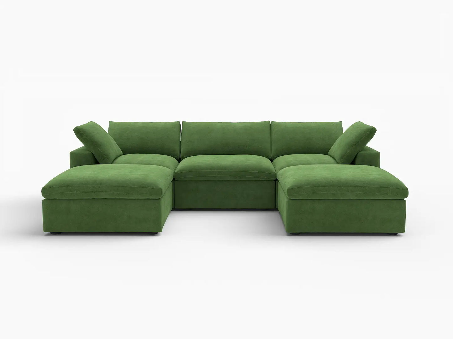 Deluxe Cloud 3-Seater Earth Green U-Shaped Sectional | 5-Piece (Includes 2 Ottomans), Velvet Fabric, Family Room Seating, Washable Cushion Covers