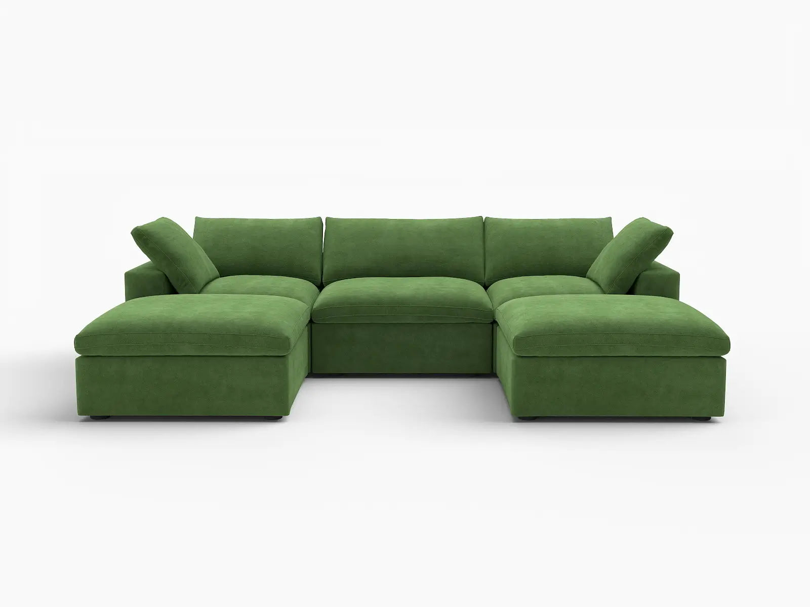 Deluxe Cloud 3-Seater Earth Green U-Shaped Sectional | 5-Piece (Includes 2 Ottomans), Velvet Fabric, Family Room Seating, Washable Cushion Covers
