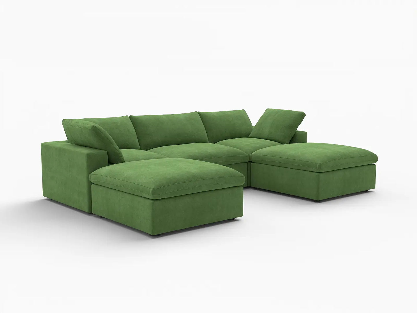 Deluxe Cloud 3-Seater Earth Green U-Shaped Sectional | 5-Piece (Includes 2 Ottomans), Velvet Fabric, Family Room Seating, Washable Cushion Covers