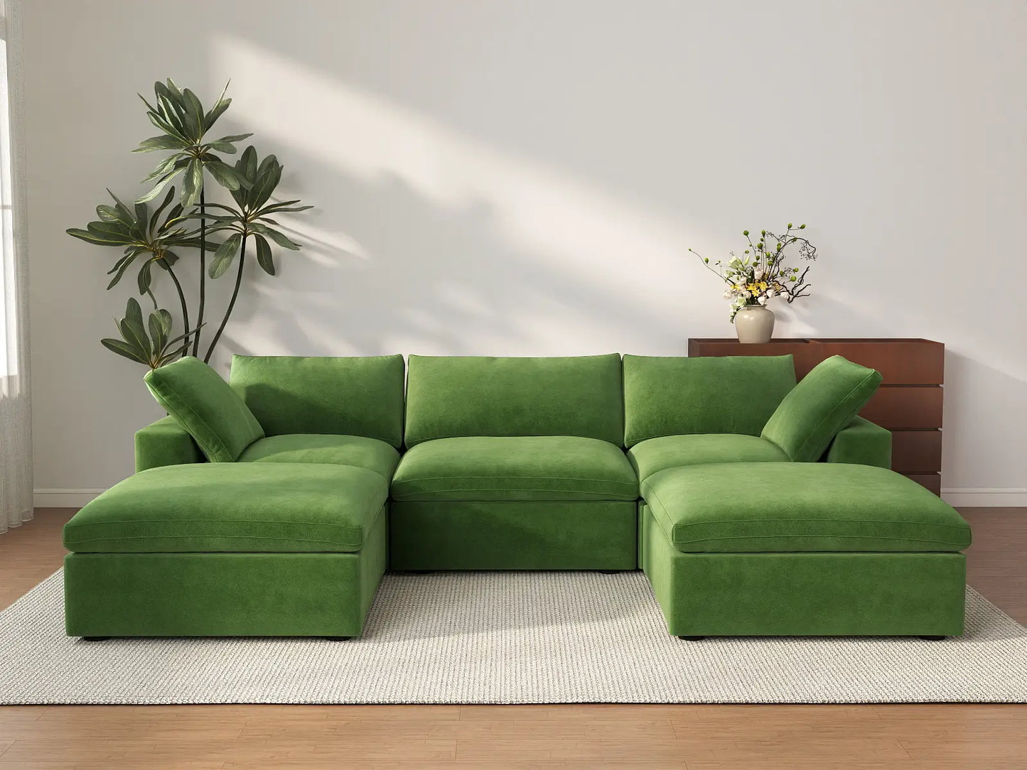 Deluxe Cloud 3-Seater Earth Green U-Shaped Sectional | 5-Piece (Includes 2 Ottomans), Velvet Fabric, Family Room Seating, Washable Cushion Covers