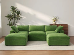 Deluxe Cloud 3-Seater Earth Green U-Shaped Sectional | 5-Piece (Includes 2 Ottomans), Velvet Fabric, Family Room Seating, Washable Cushion Covers