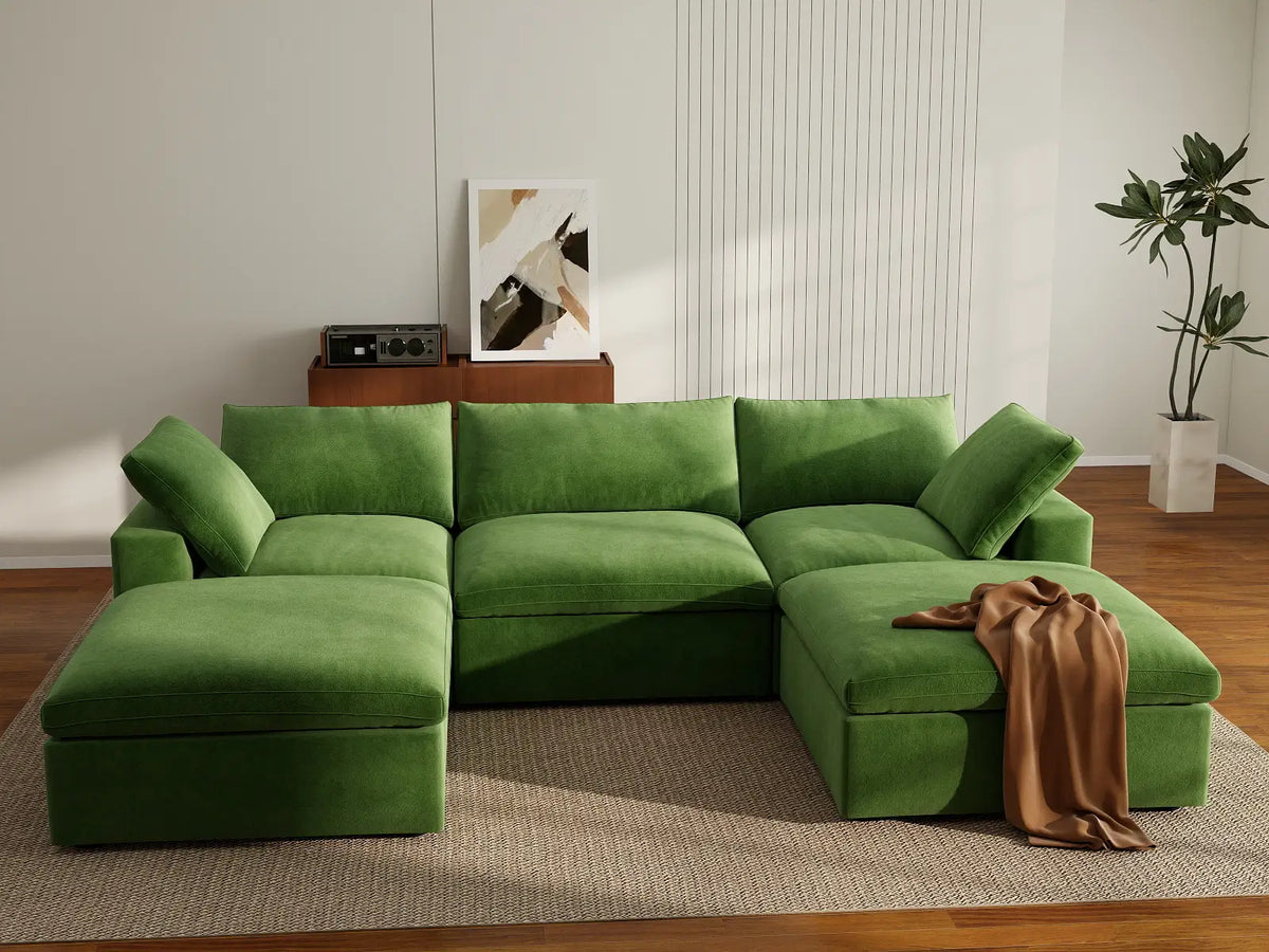 Deluxe Cloud 3-Seater Earth Green U-Shaped Sectional | 5-Piece (Includes 2 Ottomans), Velvet Fabric, Family Room Seating, Washable Cushion Covers