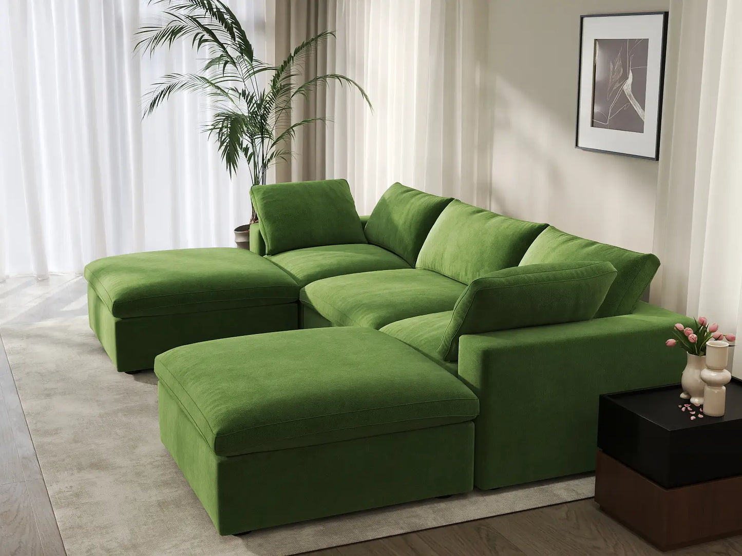 Deluxe Cloud 3-Seater Earth Green U-Shaped Sectional | 5-Piece (Includes 2 Ottomans), Velvet Fabric, Family Room Seating, Washable Cushion Covers