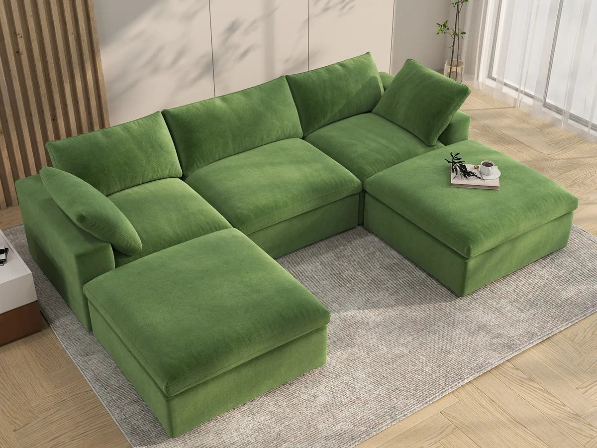 Deluxe Cloud 3-Seater Earth Green U-Shaped Sectional | 5-Piece (Includes 2 Ottomans), Velvet Fabric, Family Room Seating, Washable Cushion Covers