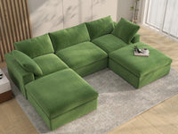 Deluxe Cloud 3-Seater Earth Green U-Shaped Sectional | 5-Piece (Includes 2 Ottomans), Velvet Fabric, Family Room Seating, Washable Cushion Covers