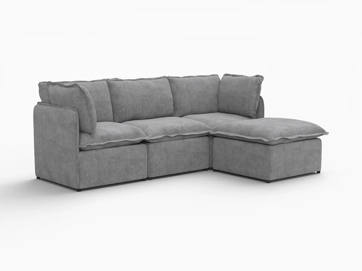 Deluxe Cloud 3-Seater Grey Large Space L-Shaped Sectional | 4-Piece (Includes 1 Ottoman), Linen Look Poly Fabric, Easy To Clean