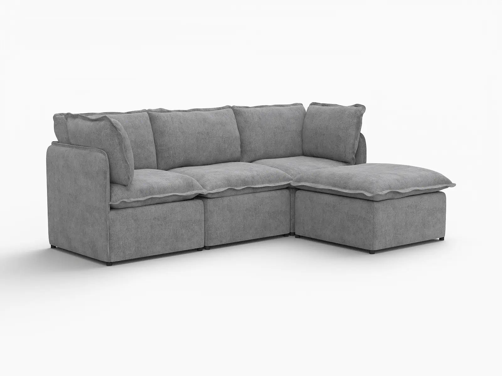 Deluxe Cloud 3-Seater Grey Large Space L-Shaped Sectional | 4-Piece (Includes 1 Ottoman), Linen Look Poly Fabric, Easy To Clean